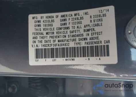 2015 Honda Accord Lx z USA, uszkodzony, nr VIN 1HGCR2F36FA084832